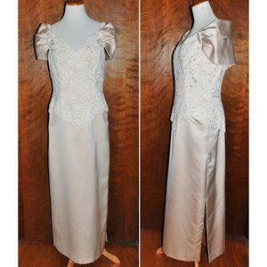 Rose Taft Cream & Fawn Lace Beaded Formal Evening Gown